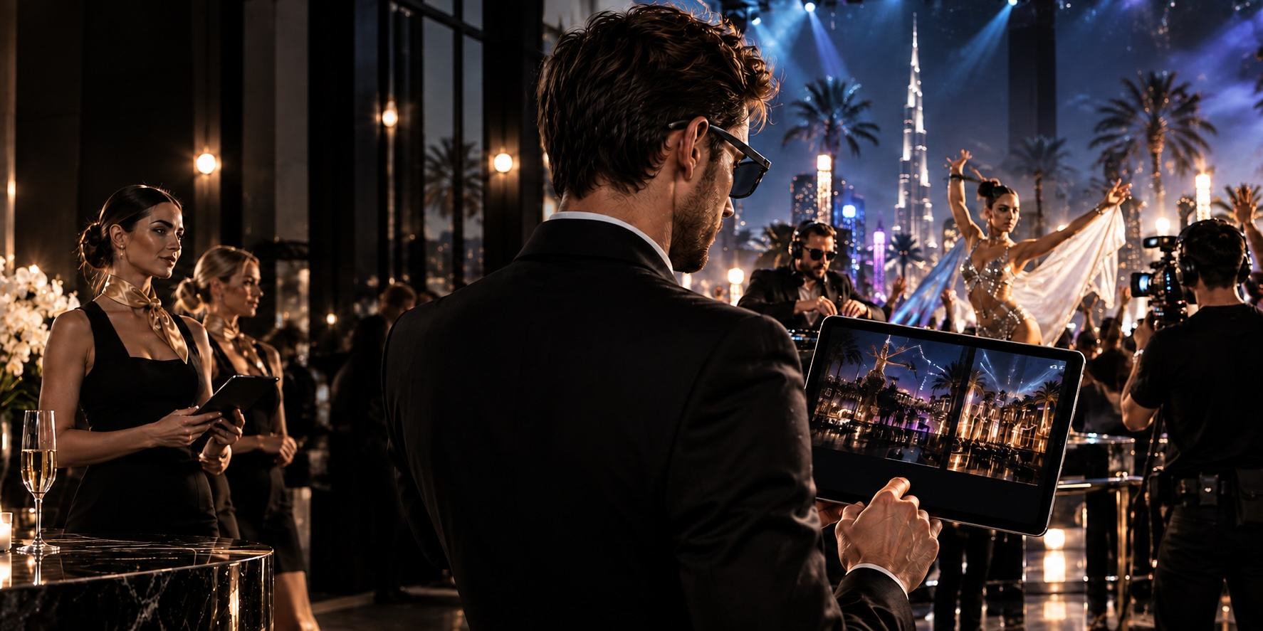 B22 campaign visual of an event promoter with a tablet at a Dubai night event