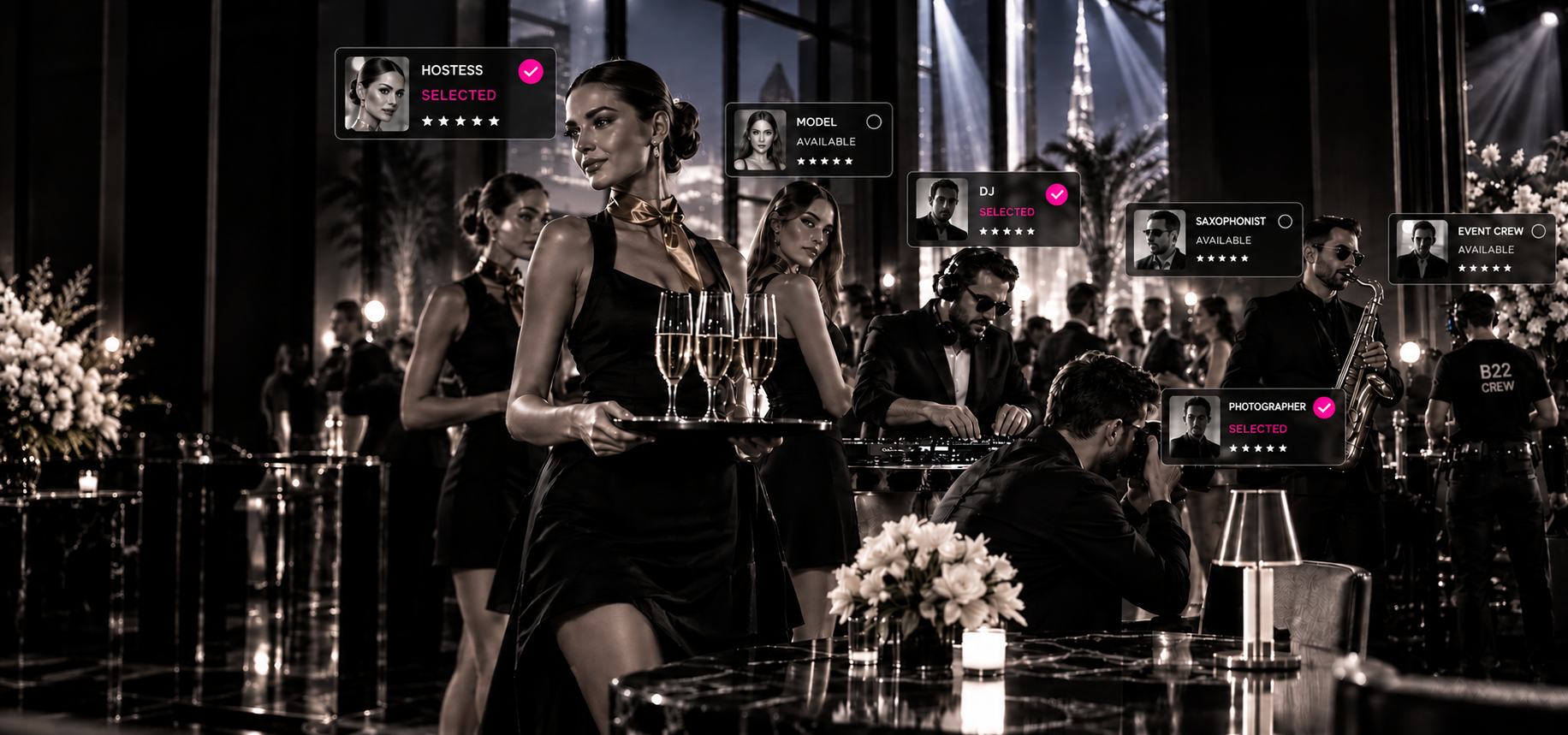 Black-and-white B22 campaign visual of an event hostess with available talent cards around her