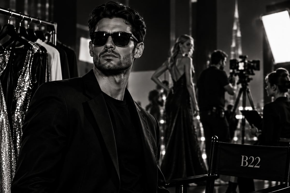 B22 studio talent backstage in sunglasses with models and crew preparing for a show